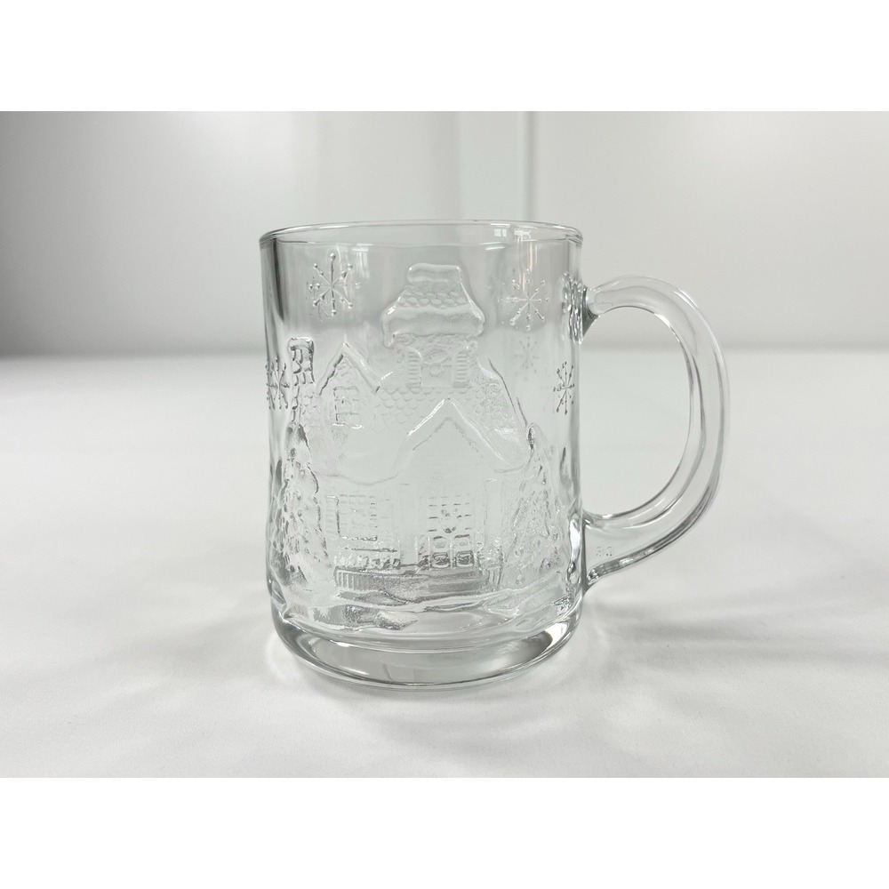 Vintage Arcoroc Clear Glass Christmas Mug Embossed Cabin Winter Snow Tree USA